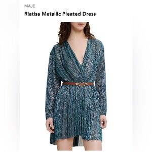 Maje Riatisa Metallic Pleated Turquoise Dress